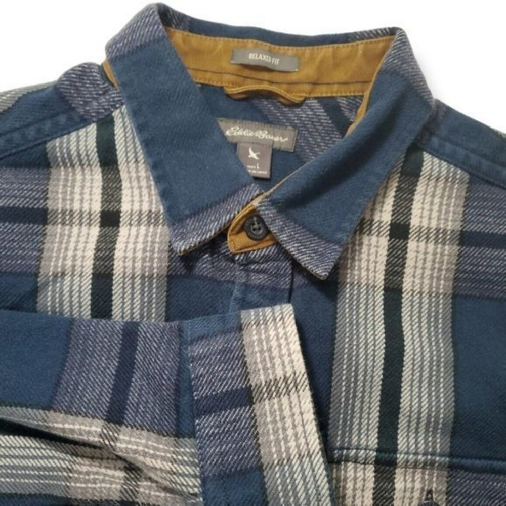 Eddie Bauer Relaxed Fit Blue Plaid‎ Flannel Heavyweight Jacket Men's Size Large
